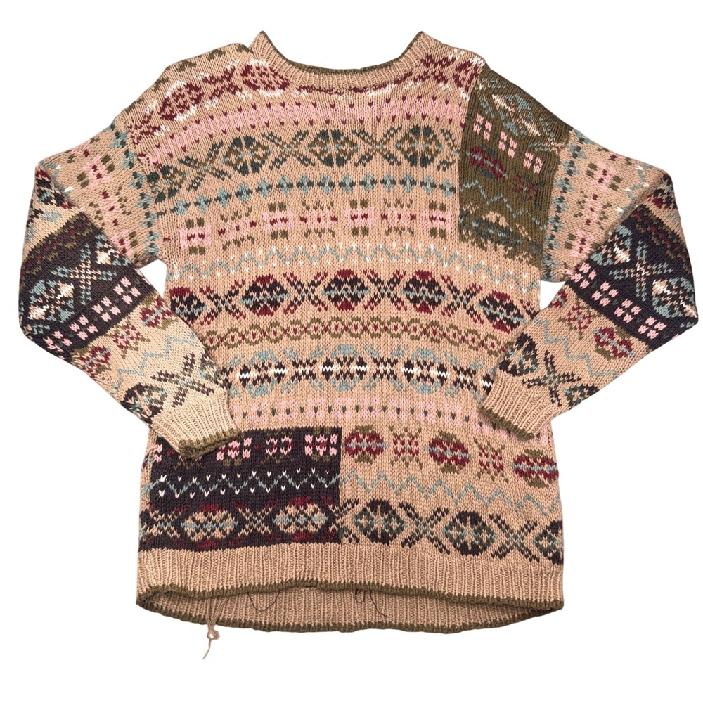Los Questa Vintage Fair Isle Sweater Medium Mens Tan Ramie Cotton Knit